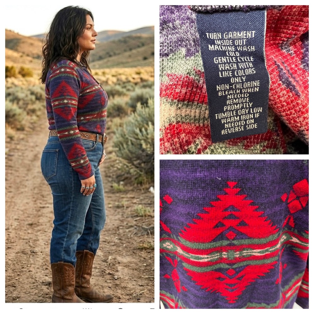 Chaps Denim Womens 1X Southwestern Aztec Thermal Henley Shirt Purple Red Cotton - Picture 8 of 14